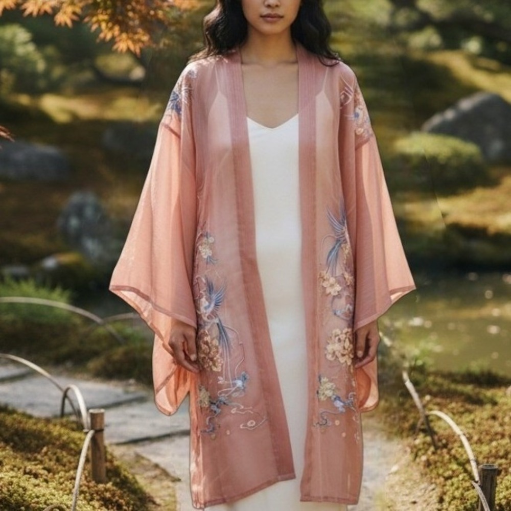 Womens M NWT Embroidered Bird Kimono Cardigan Robe Chinese Hanfu Shimmer Pink